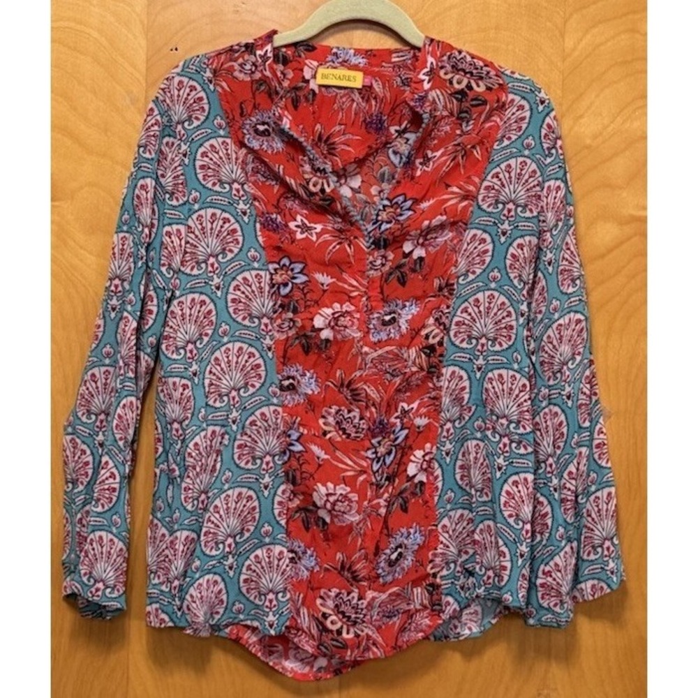Benares Silk Feel Mixed Floral Print Long Sleeve Lightweight Blouse Viscose Sz S